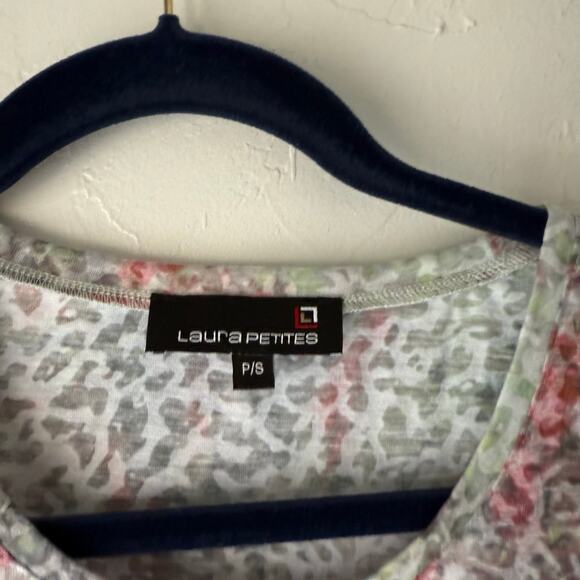 Laura Petites Y2k Small Floral Water Colored Rhinestone Short Slv Semi Sheer Top - Picture 7 of 9